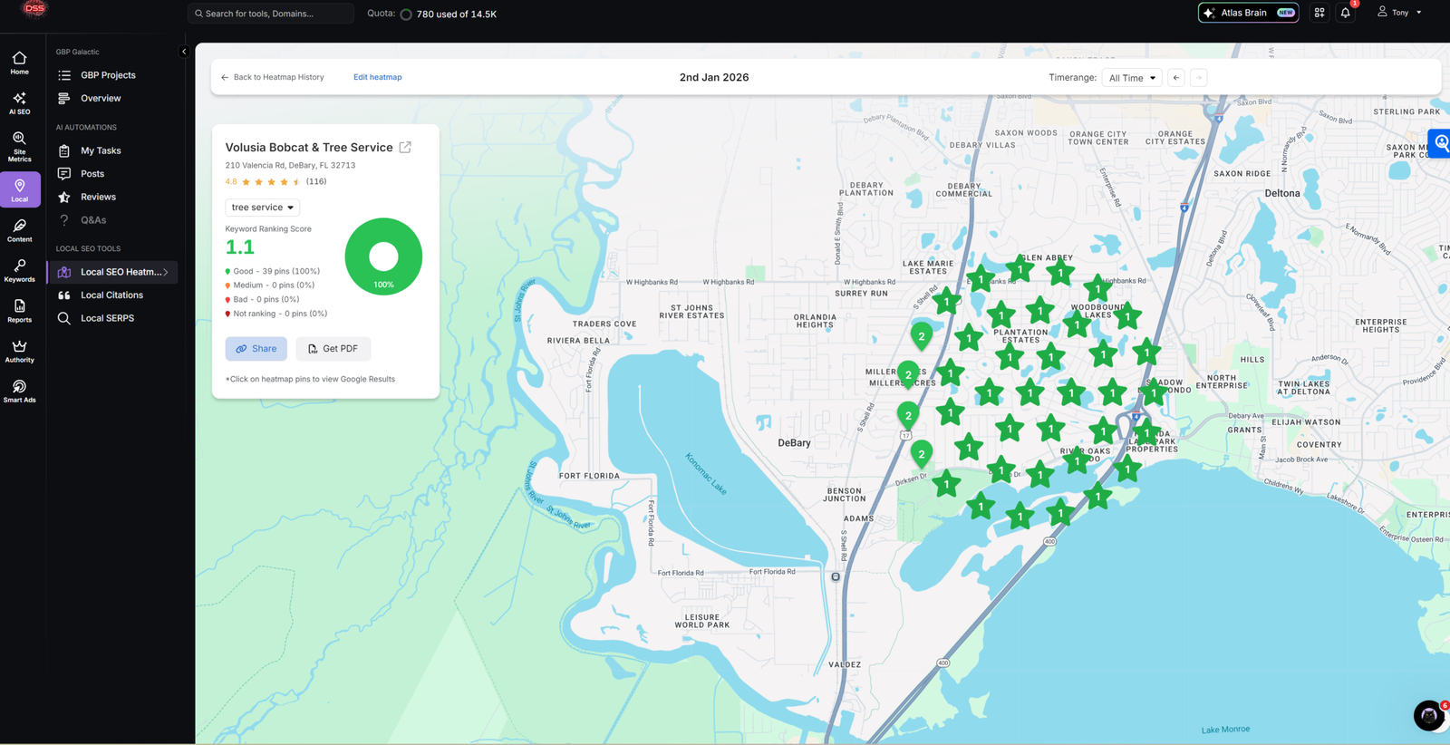 Local SEO heatmap displaying ranking scores for "Volusia Bobcat & Tree Service" across various locations, highlighting visibility in Google search results with green pins indicating strong performance.