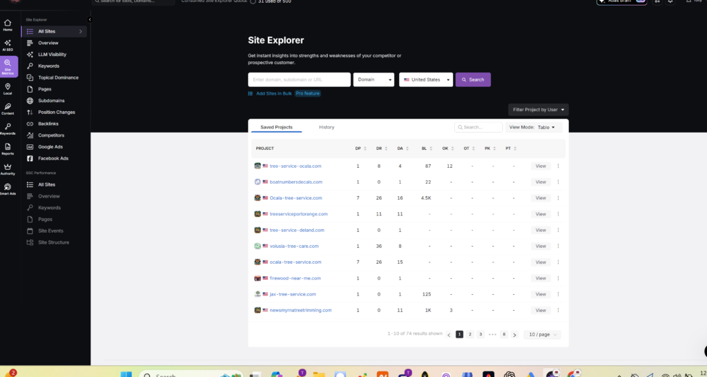 Site Explorer interface displaying saved projects with SEO metrics, including domain authority, backlinks, and performance indicators for local businesses.
