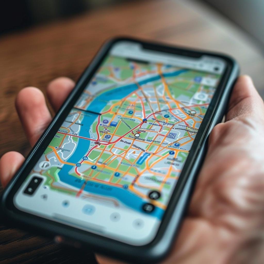 Hand holding smartphone displaying a detailed digital map with streets, landmarks, and navigation features, illustrating location-based services relevant to enhancing online visibility and SEO strategies.