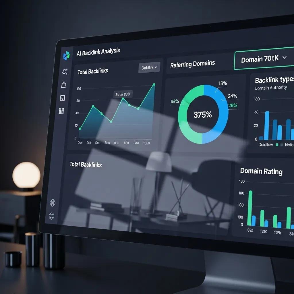 AI backlink analysis dashboard displaying total backlinks, referring domains, and domain ratings with graphs and metrics for SEO optimization.