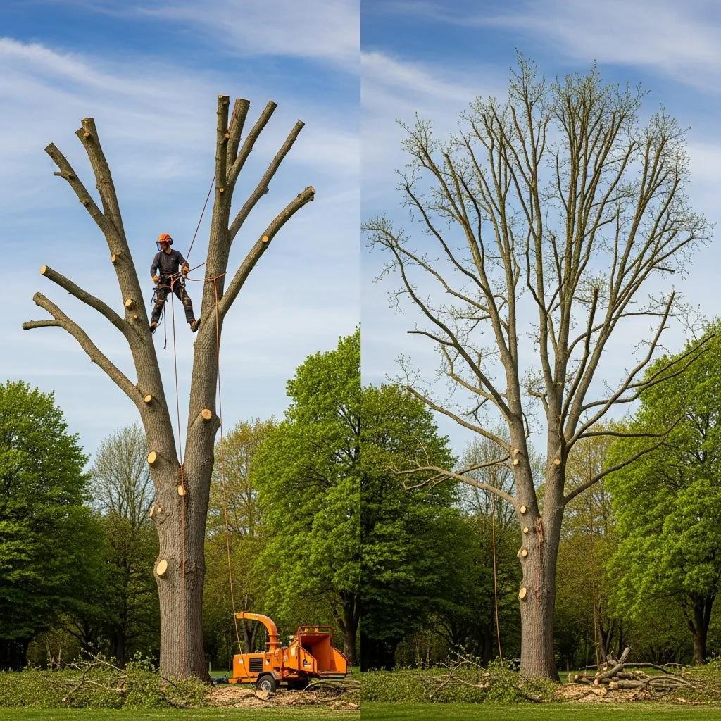 Arborist performing crown reduction and thinning techniques on a tree for optimal canopy management, showcasing tree care practices in a landscaped area.