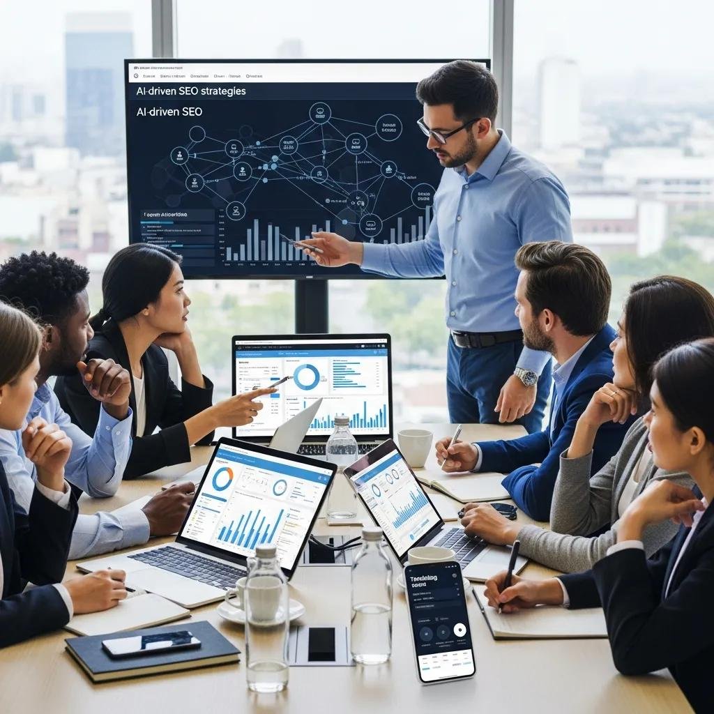 Business team collaborating on AI-driven SEO strategies, analyzing data on laptops and digital devices, with a presenter pointing at a screen displaying SEO analytics and graphs.