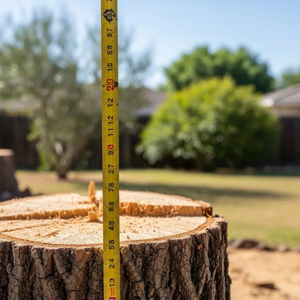 Close-up of a tree stump with measuring tape, illustrating factors influencing tree removal costs in a residential yard.