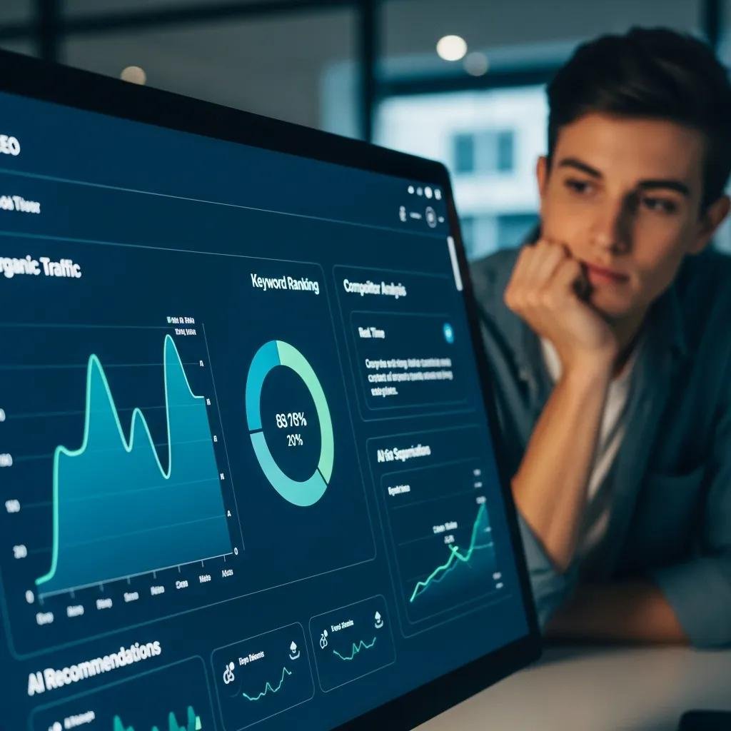 Close-up of an AI-driven SEO tool interface displaying analytics, graphs of organic traffic, keyword ranking metrics, and competitor analysis, with a young man thoughtfully observing the data.