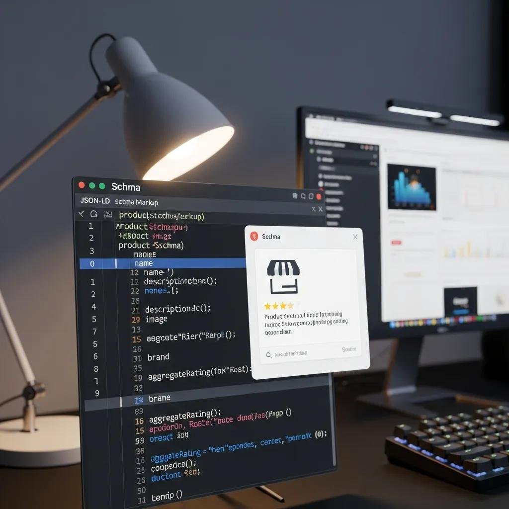 Close-up of computer screen displaying structured data and schema markup code for SEO optimization, with a focus on JSON-LD format, and an interactive window illustrating product details and ratings.