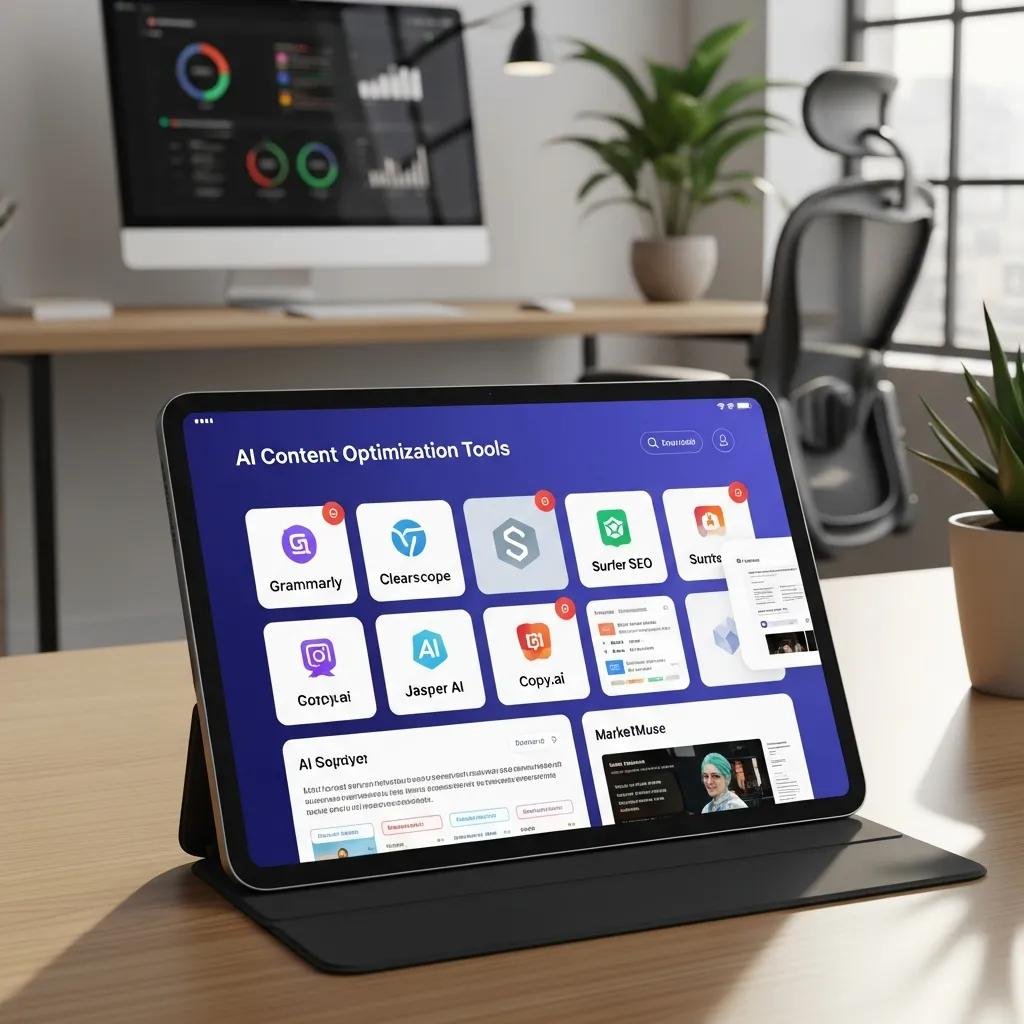 AI content optimization tools displayed on a tablet in a professional workspace, featuring logos of Grammarly, Clearscope, Surfer SEO, Jasper AI, and Copy.ai, with analytics charts visible on a monitor in the background.
