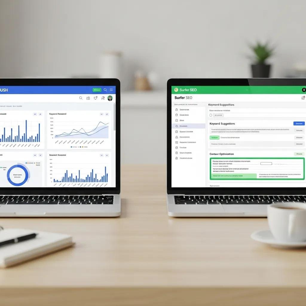 Comparison of Semrush and Surfer SEO interfaces on laptops, showcasing keyword research and content optimization features, with graphs and analytics displayed.