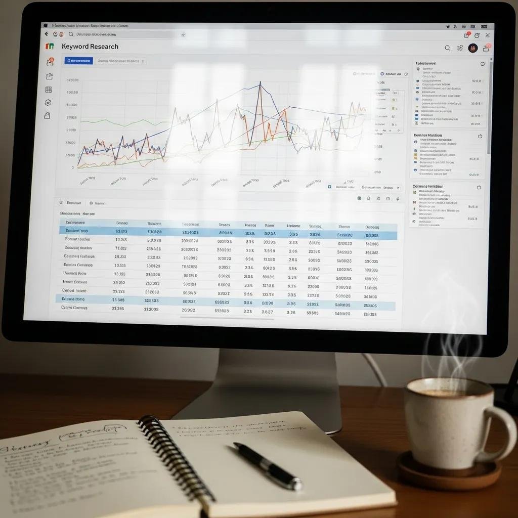 Computer screen displaying keyword research tool with graphs and data tables for SEO analysis, notebook and pen nearby, steaming coffee cup, illustrating AI-driven competitor analysis and keyword optimization strategies.