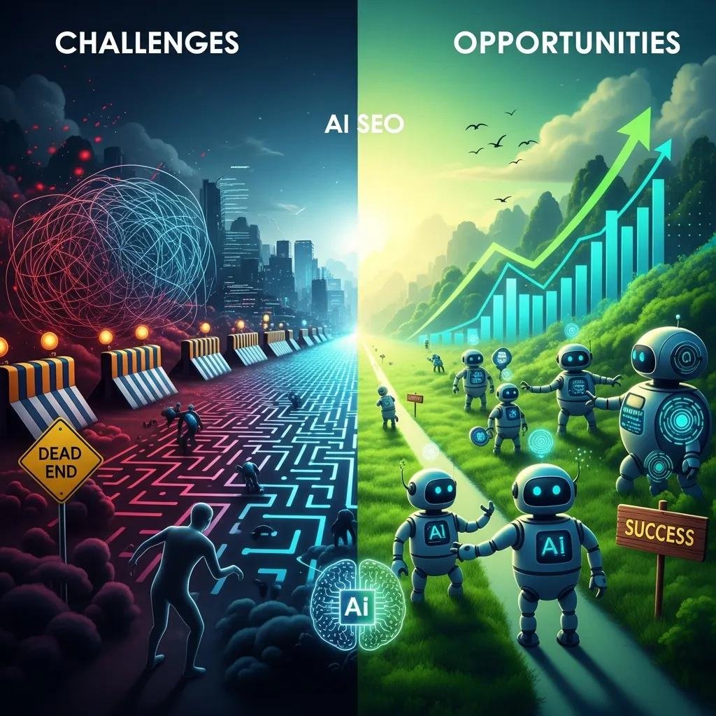 Conceptual illustration depicting challenges and opportunities in AI-driven SEO, featuring a stark contrast between a chaotic urban landscape with barriers labeled "DEAD END" on the left and a vibrant, green landscape with robots symbolizing success and growth on the right, highlighting the dual nature of AI's impact on SEO strategies.