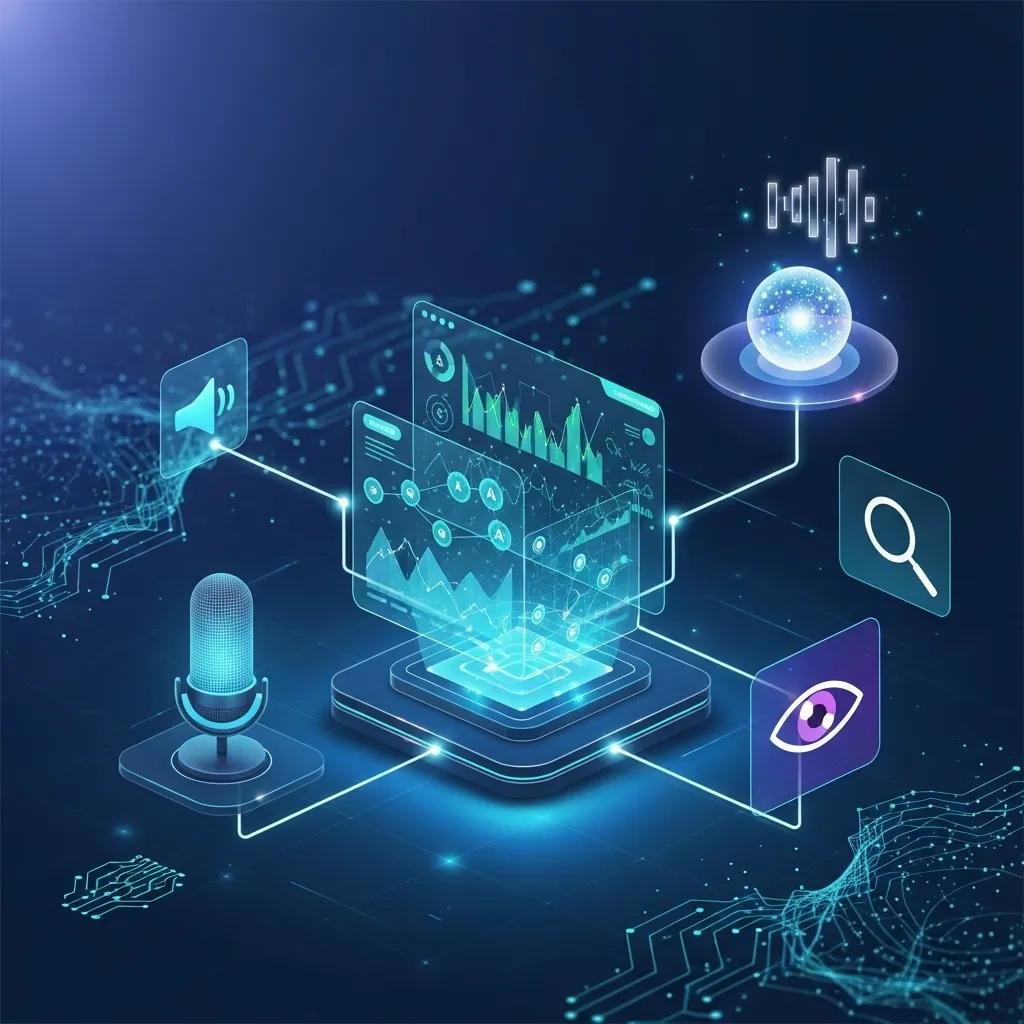 Conceptual representation of future SEO trends featuring voice search devices, data analytics, and evolving digital interfaces, illustrating the integration of AI in search optimization.