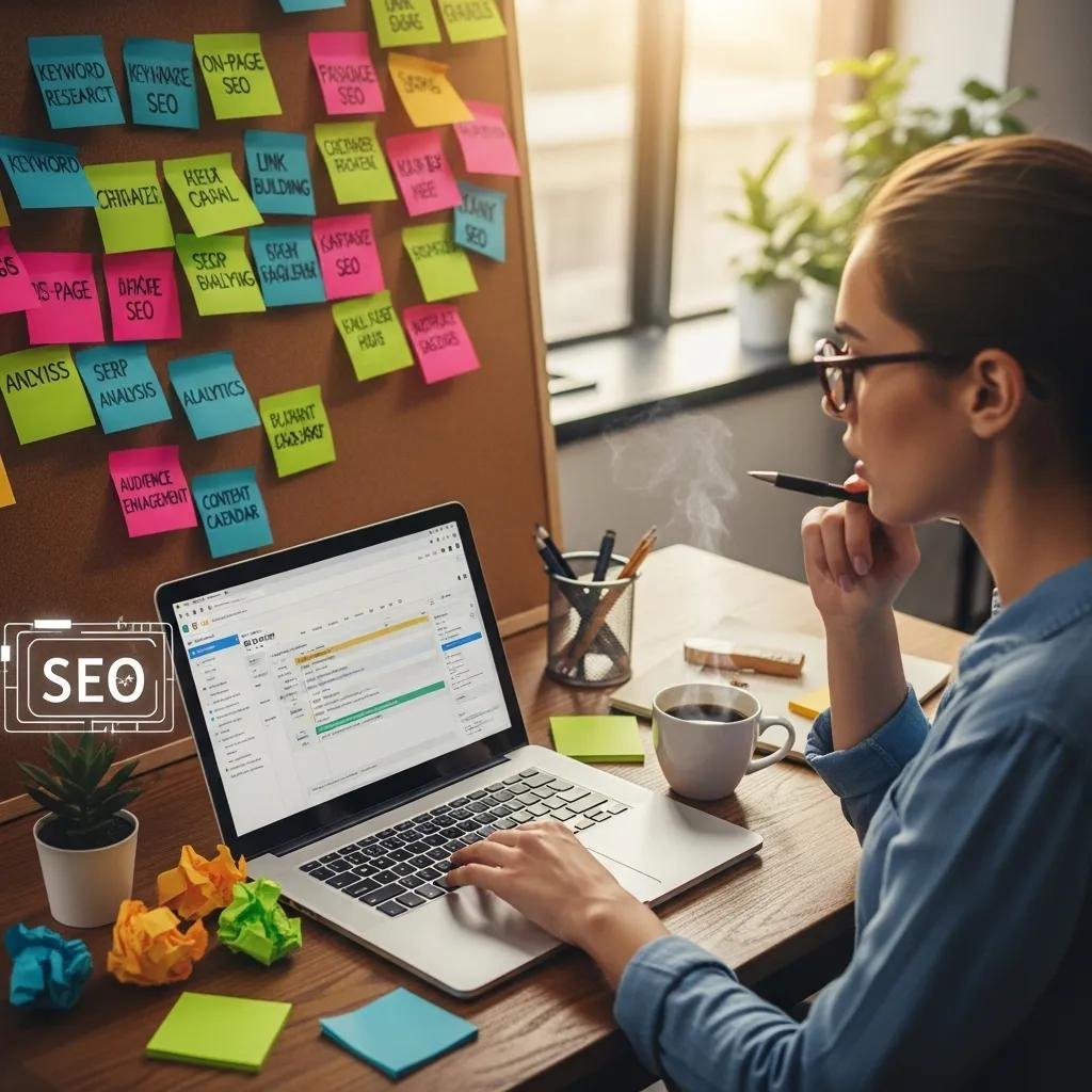 Woman brainstorming SEO strategies with sticky notes on a corkboard, laptop displaying content optimization tools, and a coffee cup on a desk.