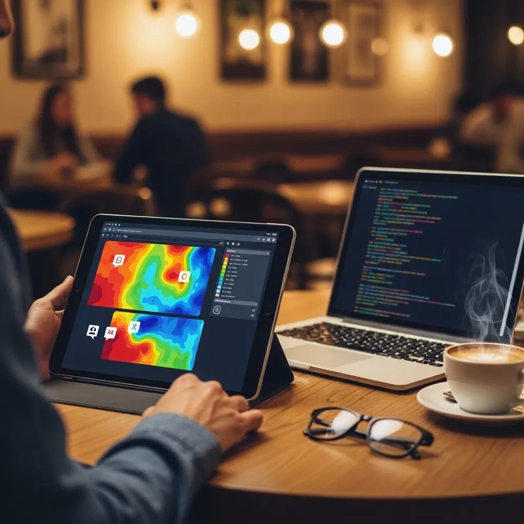 Person analyzing digital heatmap on tablet in a caf&eacute;, showcasing local SEO insights, with laptop displaying code and coffee cup on table.