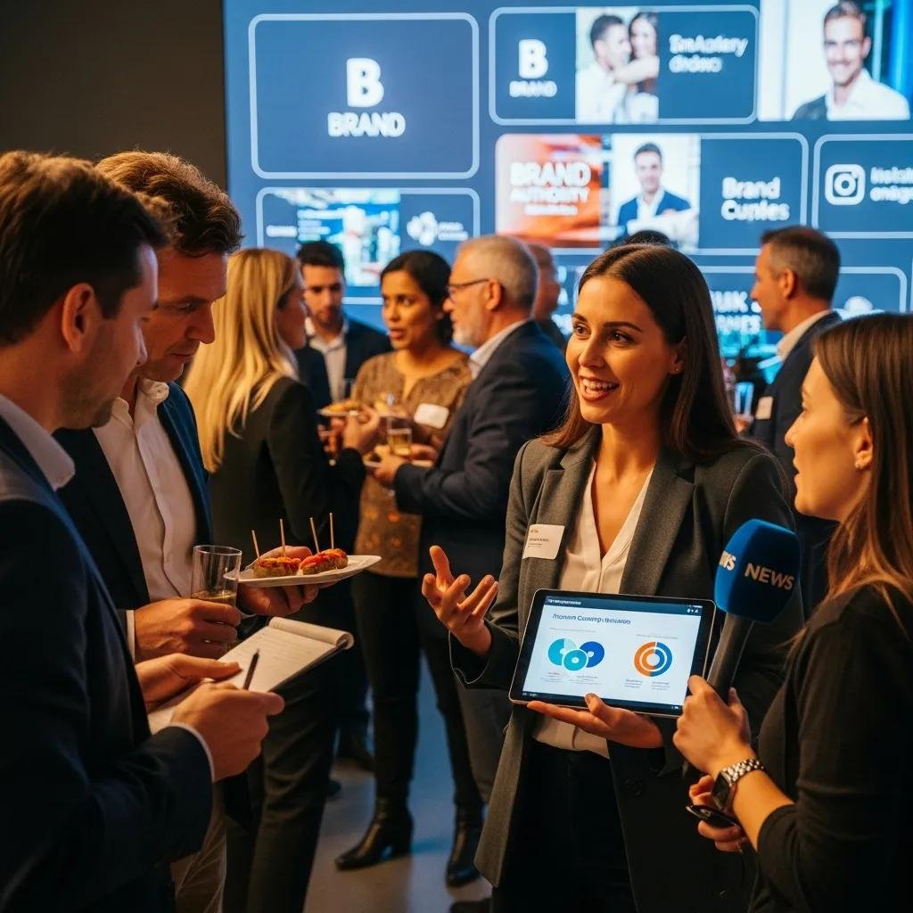 Digital PR professionals networking at an event, discussing brand authority and SEO strategies, with a presentation displayed on a tablet.