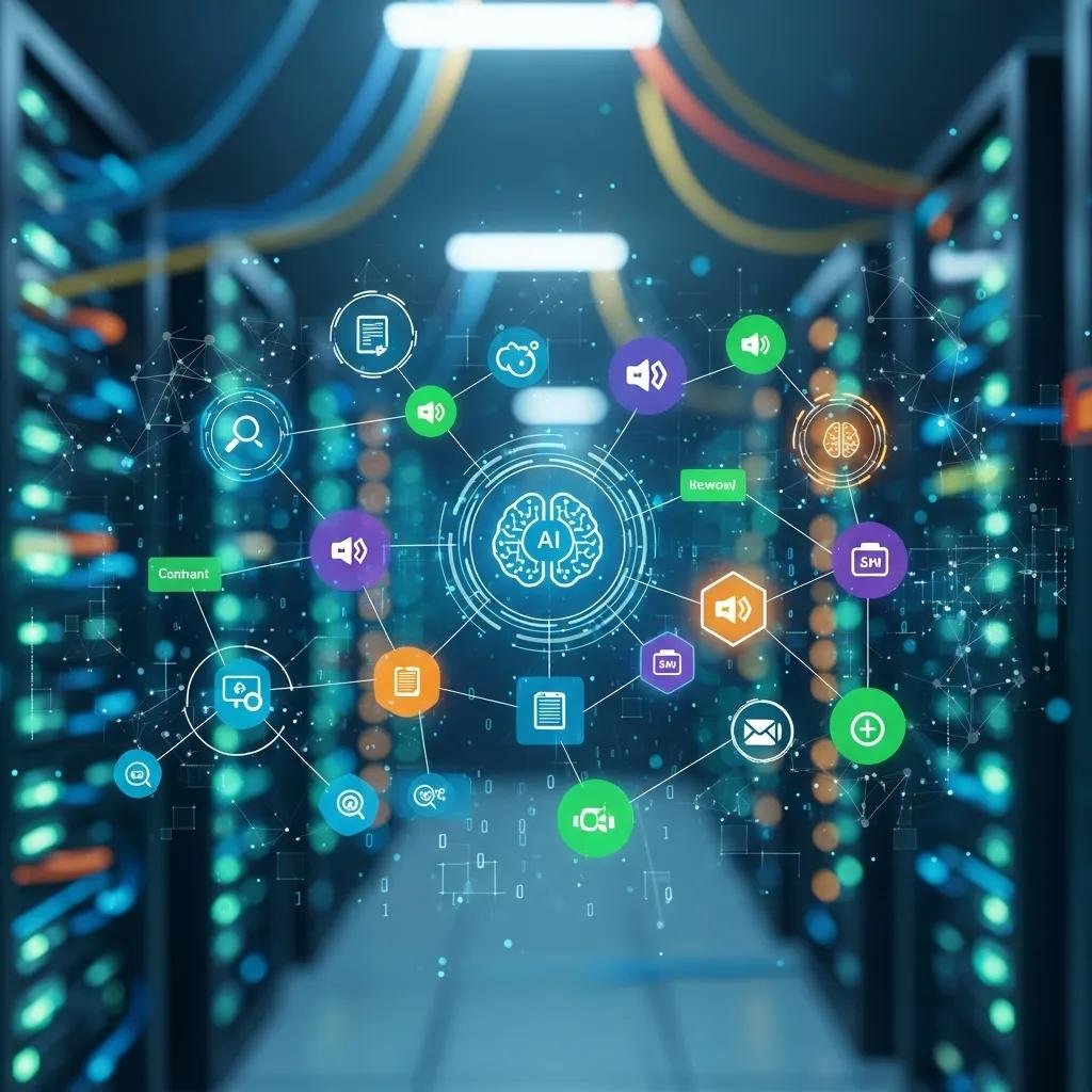 Digital representation of interconnected entities illustrating AI-driven semantic SEO optimization, featuring icons for content, keywords, and data analysis against a backdrop of server racks.