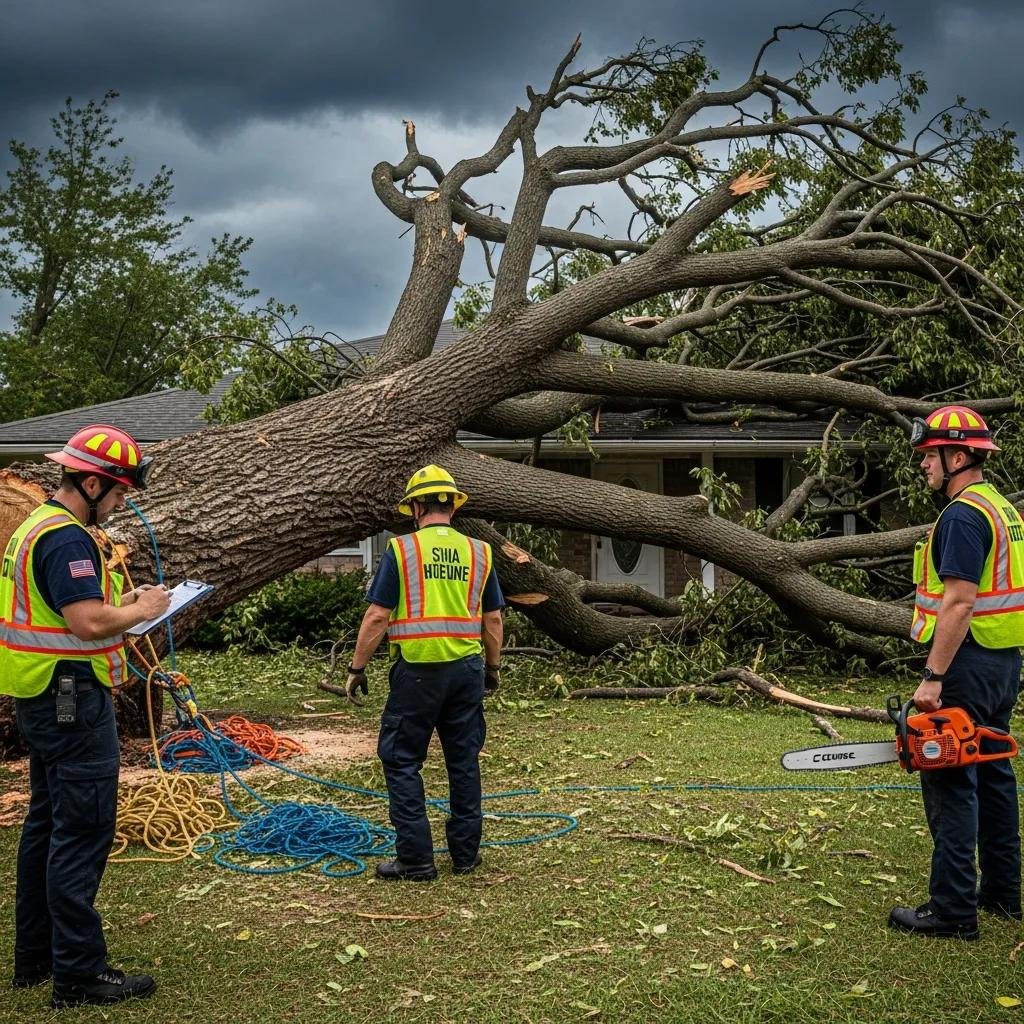 Emergency responders assessing a fallen tree near a house, highlighting urgent tree removal and safety measures in storm-damaged conditions.