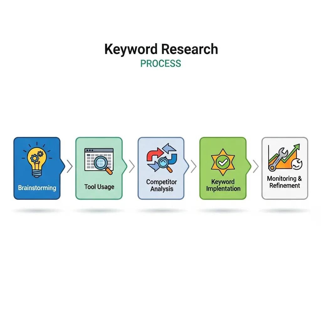 Flowchart illustrating the keyword research process, featuring steps: brainstorming, tool usage, competitor analysis, keyword implementation, and monitoring & refinement.