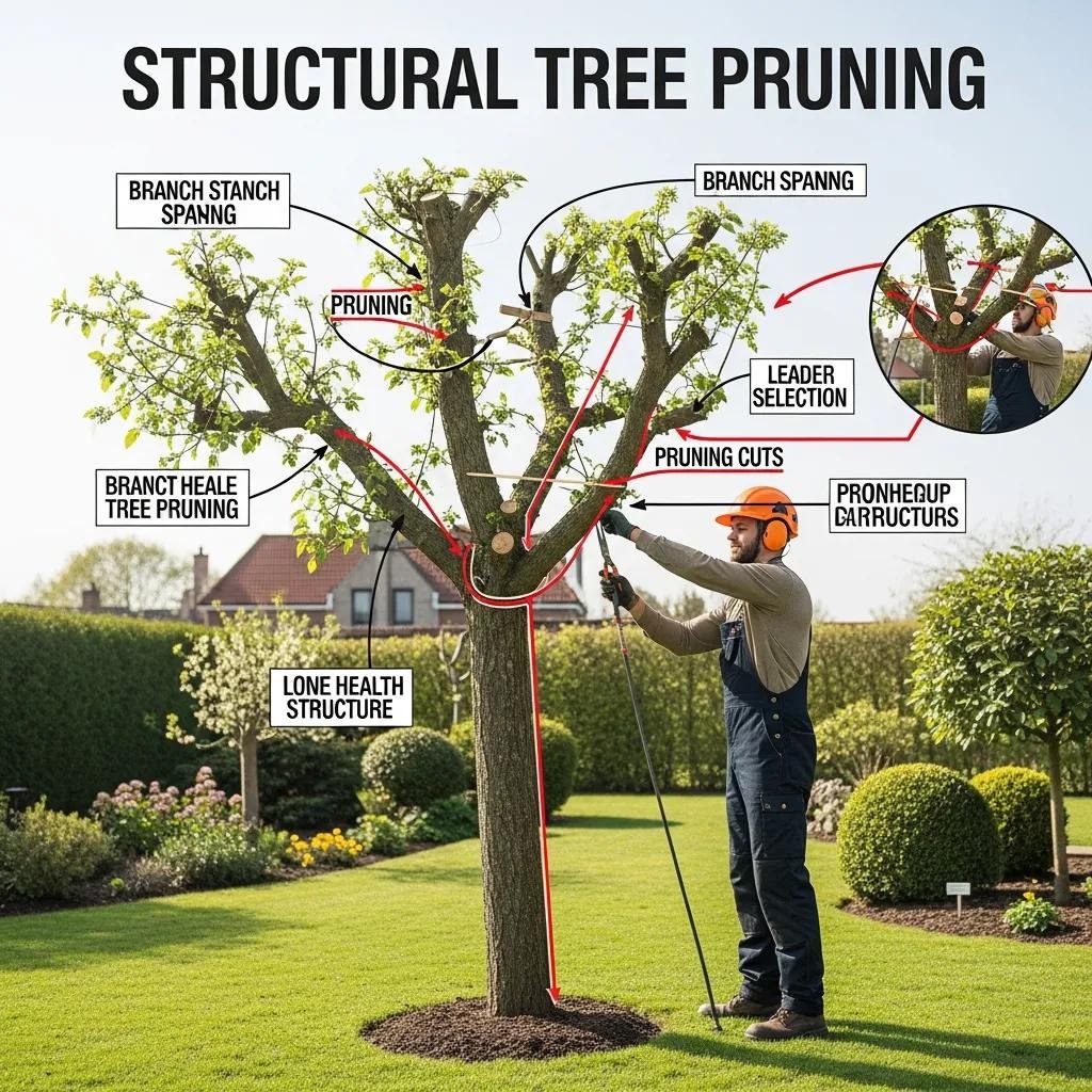 Illustration of structural tree pruning techniques, featuring an arborist demonstrating leader selection and pruning cuts in a garden setting, with labeled principles highlighting branch spacing and tree health.