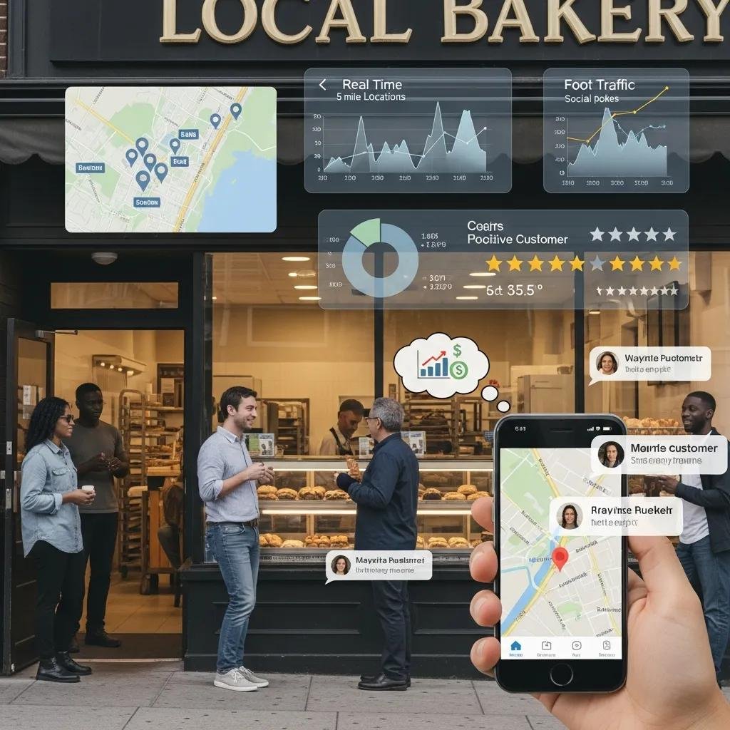 Local bakery storefront with digital analytics overlay showing real-time data on foot traffic, customer interactions, and geographic locations, illustrating AI-enhanced local SEO strategies.