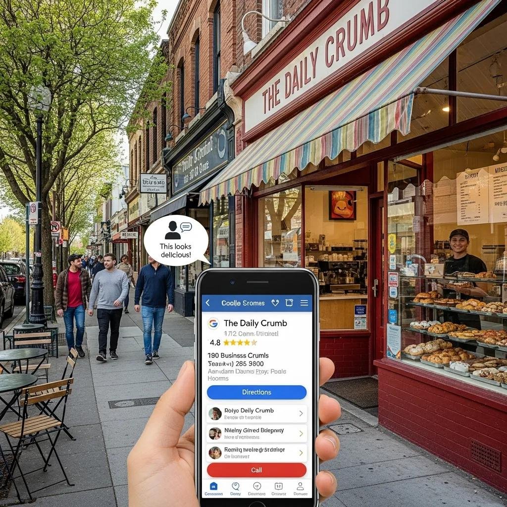 Local business storefront of "The Daily Crumb" with Google Business Profile displayed on a smartphone, featuring a group of people walking by and a speech bubble saying "This looks delicious!"
