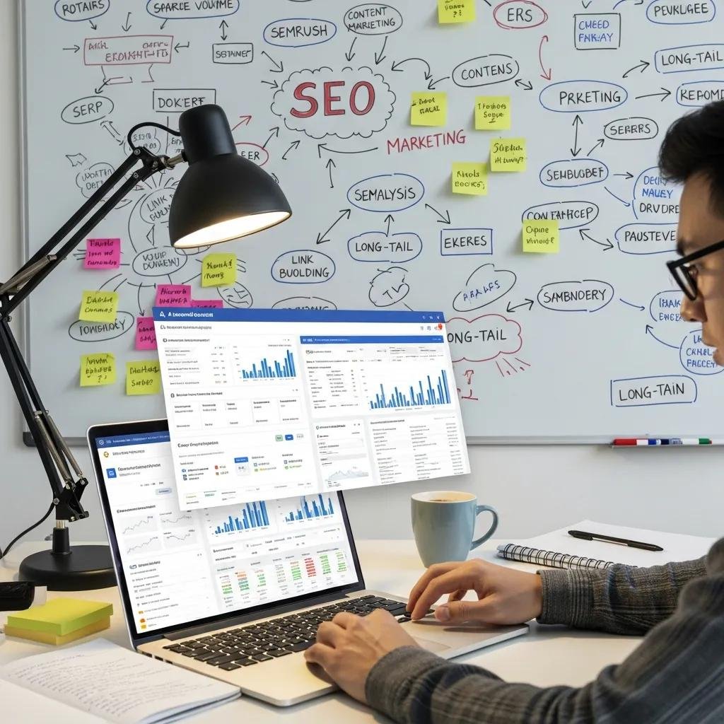 Person conducting keyword research using AI tools on a laptop, with SEO-related notes and charts on a whiteboard in the background, illustrating effective strategies for enhancing online visibility and attracting customers.