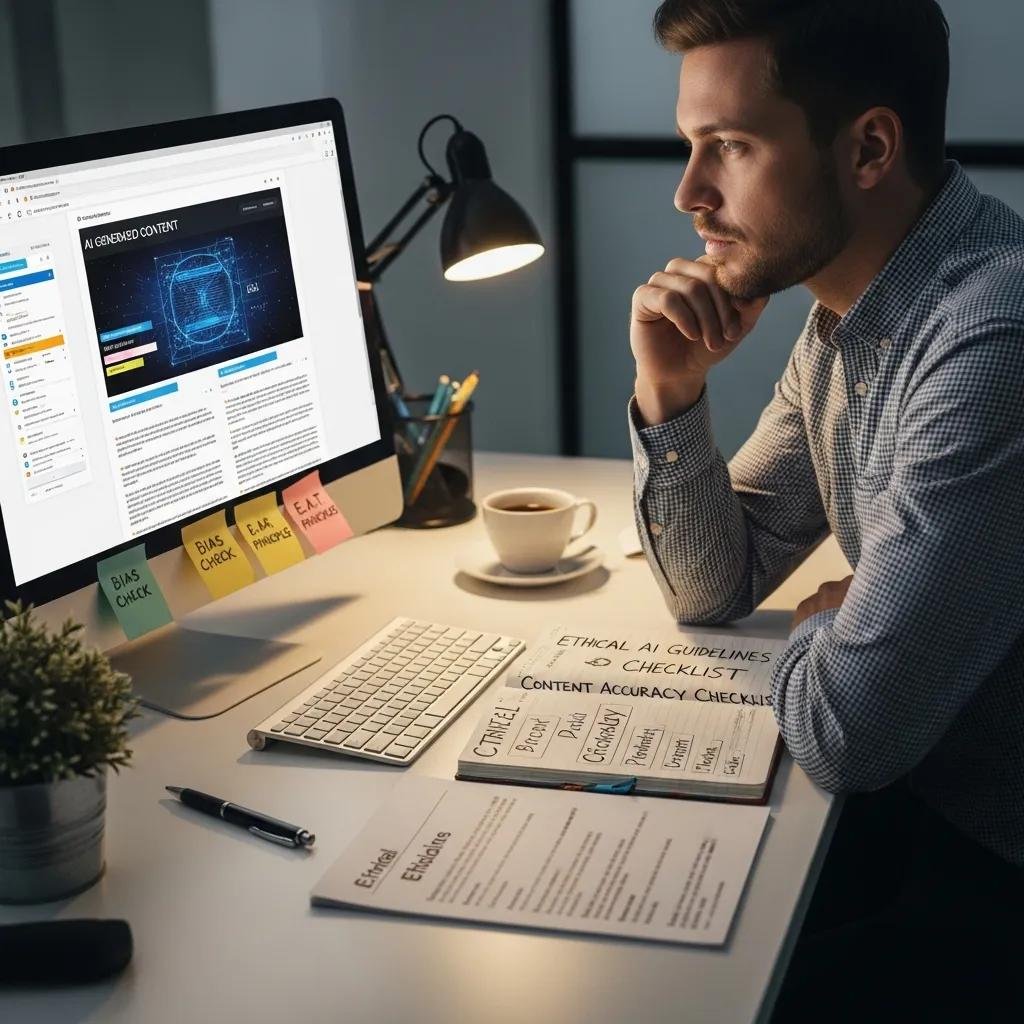 Professional reviewing AI-generated content in a workspace, with ethical guidelines checklist visible, emphasizing responsible AI practices in SEO strategies.