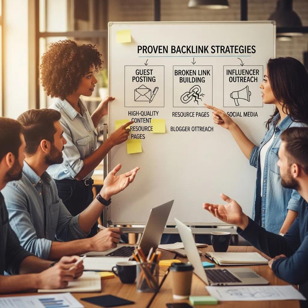Professionals brainstorming proven backlink strategies, including guest posting, broken link building, and influencer outreach, in a collaborative meeting setting with visuals and notes.