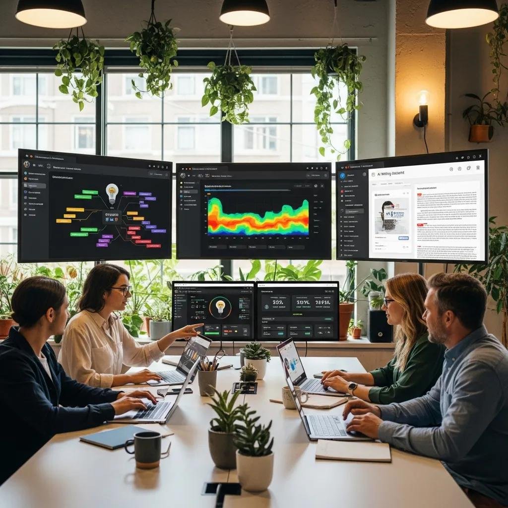Professionals collaborating on content creation with AI tools in a modern workspace, featuring multiple screens displaying data analytics and writing documents, surrounded by greenery.