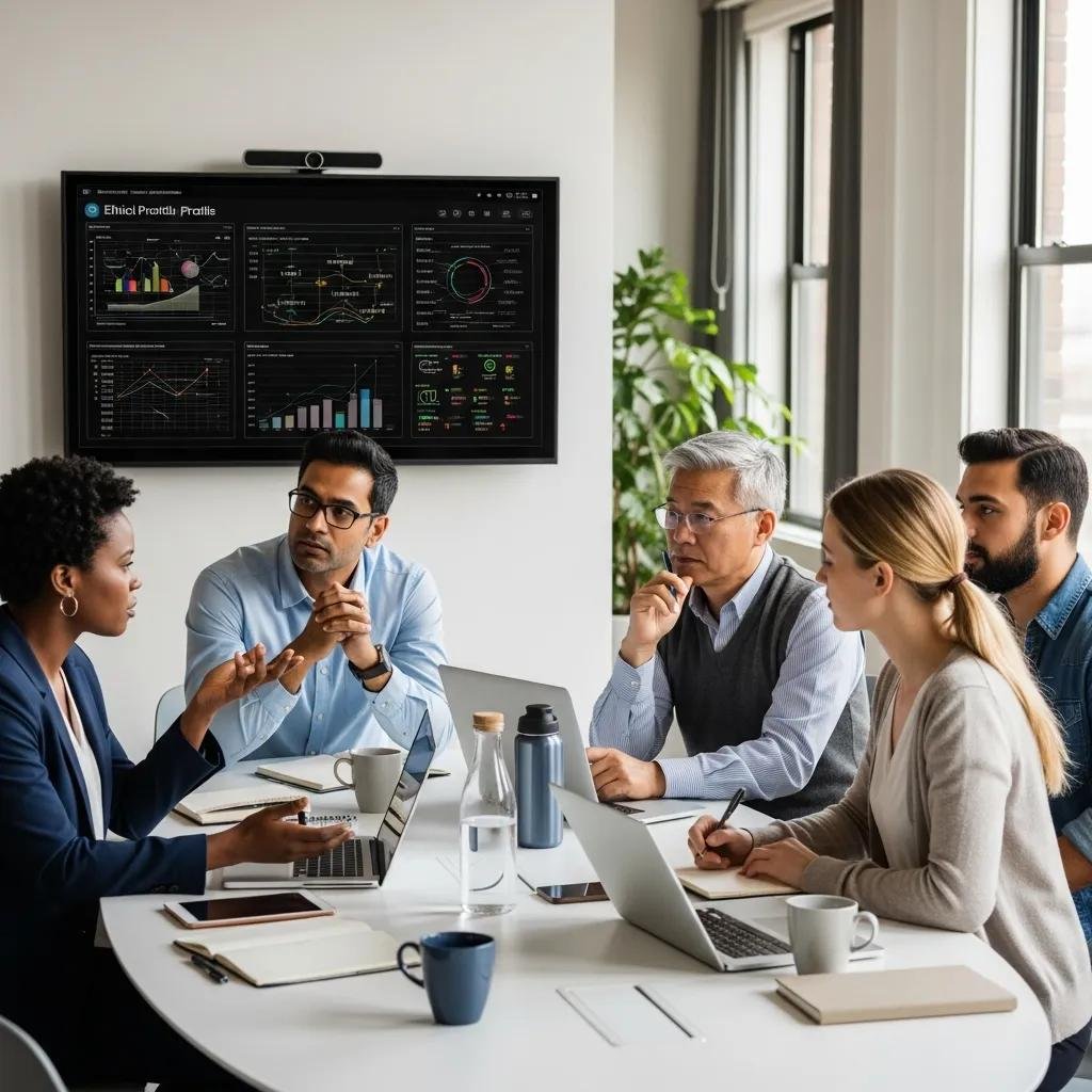 Group of professionals discussing ethical considerations in AI-driven link building, with a presentation displaying data analytics on a screen, emphasizing collaboration and strategic planning for SEO.