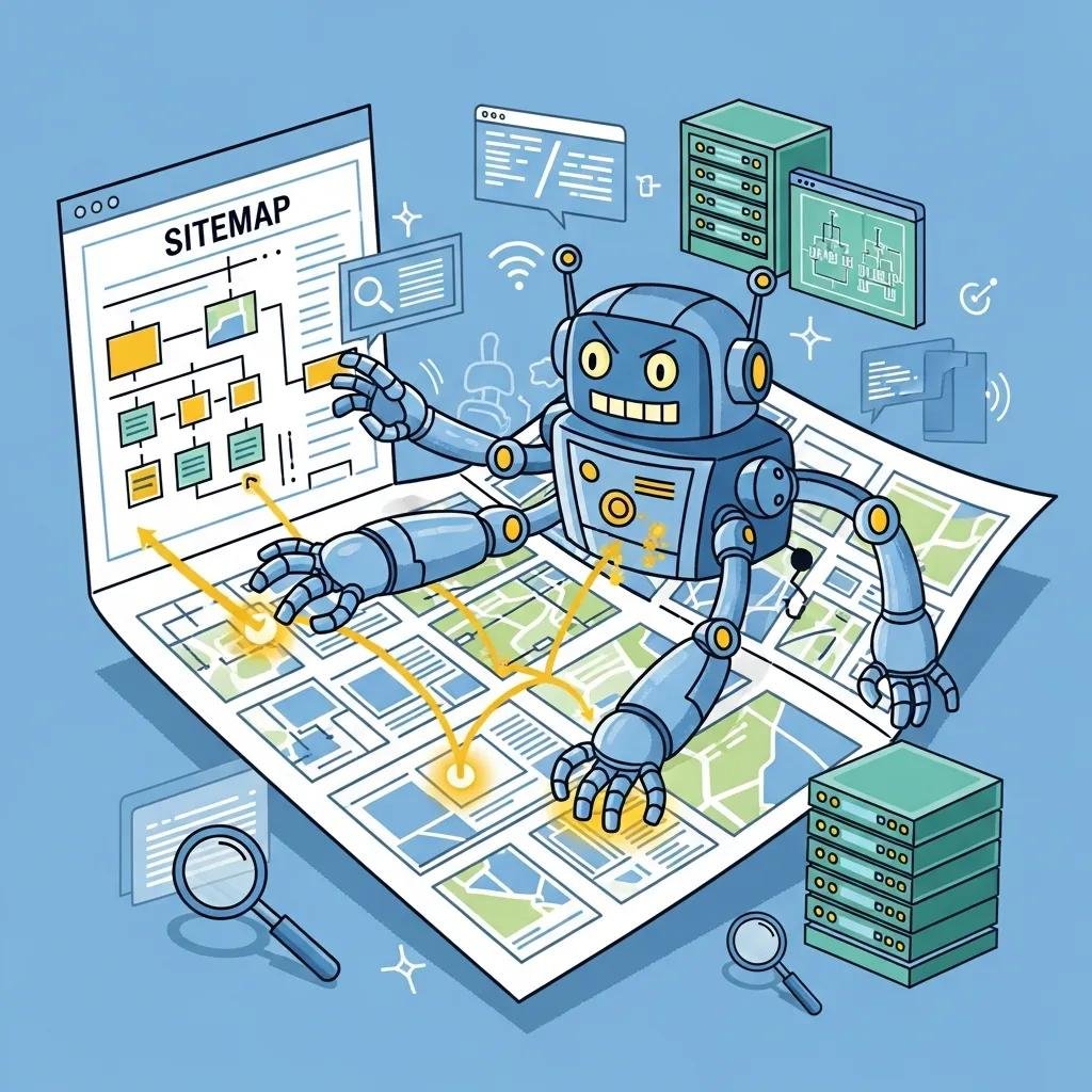 Robot analyzing a sitemap, illustrating crawlability and indexability concepts in Technical SEO, with elements like web pages, data stacks, and search tools.