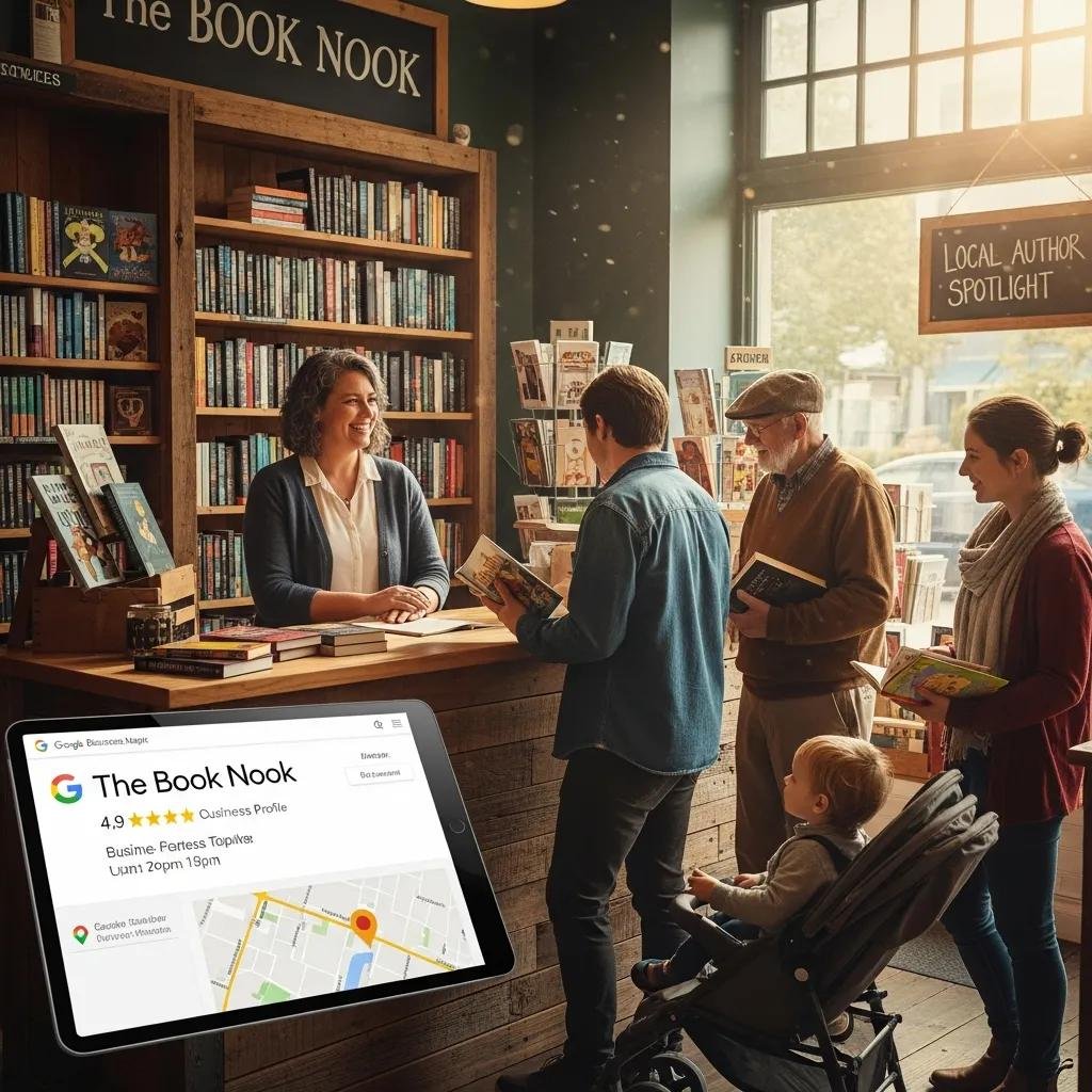 Small business owner engaging with customers at The Book Nook, showcasing Google Business Profile on tablet, local author spotlight, and book displays in a cozy bookstore setting.