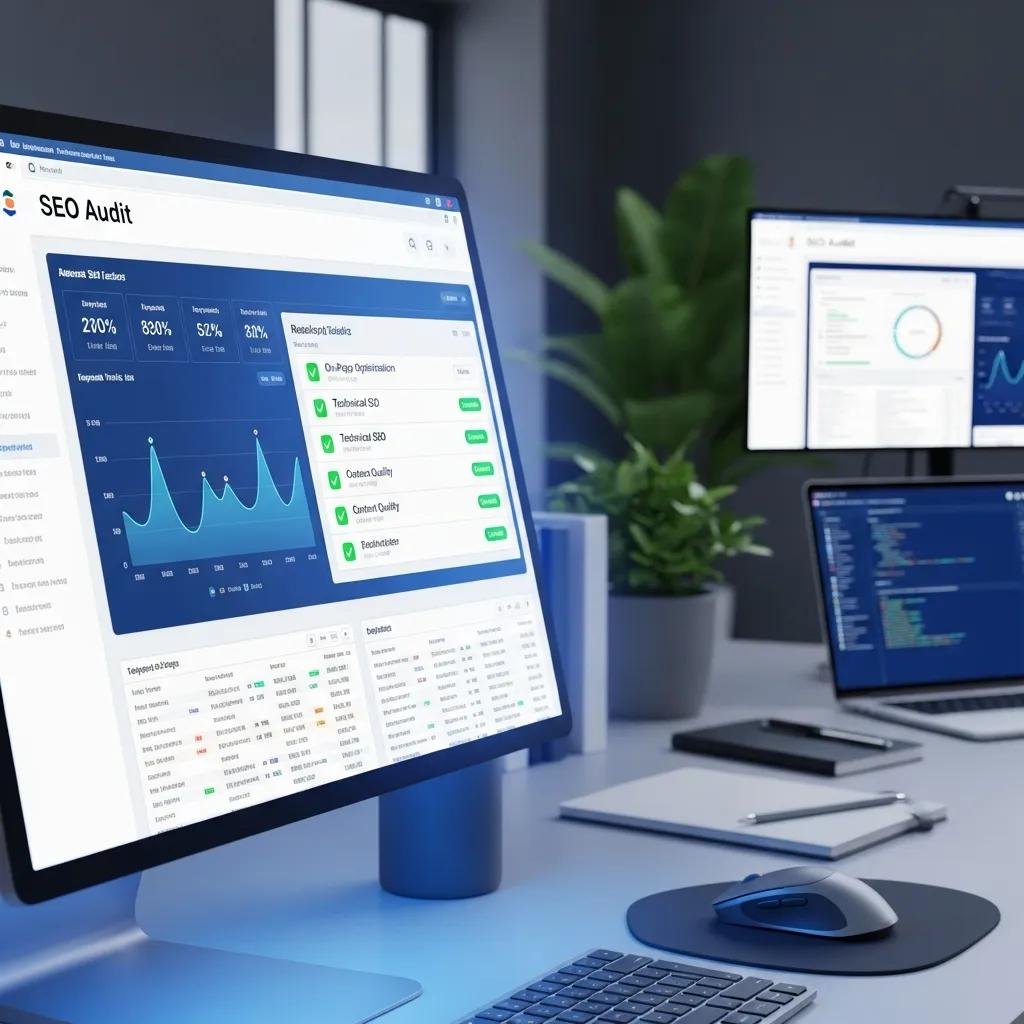 SEO audit dashboard displaying analytics and metrics for on-page optimization, technical SEO, and content quality, illustrating automated site health assessment and performance evaluation.
