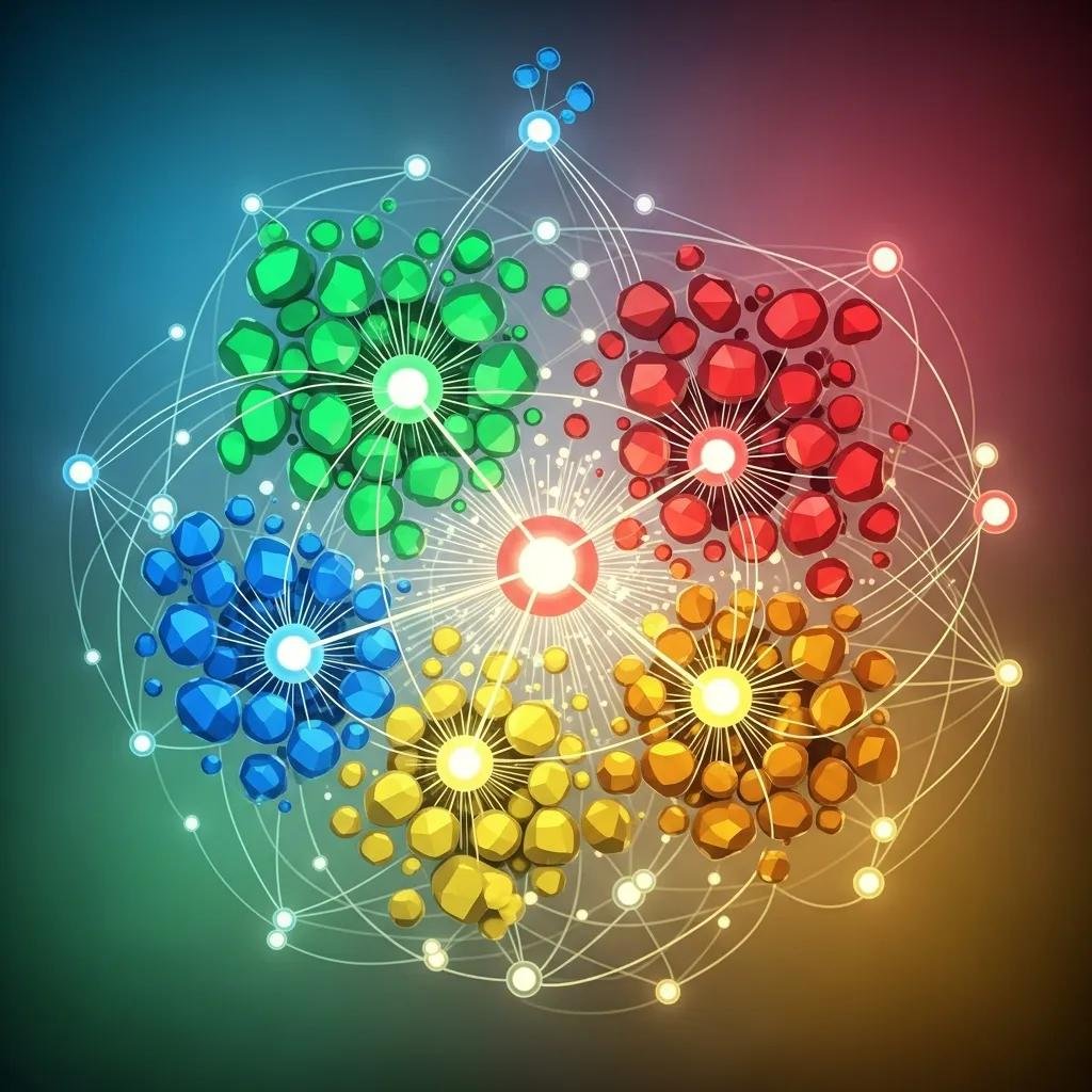 Visual representation of semantic keyword clustering, illustrating interconnected groups of related keywords in various colors, emphasizing their relationships and context for enhancing SEO strategies.