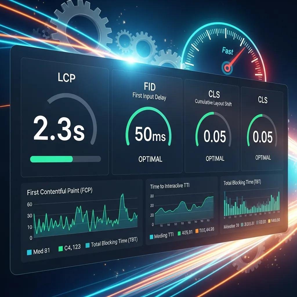 Dashboard displaying Core Web Vitals metrics: LCP 2.3s, FID 50ms optimal, CLS 0.05 optimal, with graphs for First Contentful Paint, Time to Interactive, and Total Blocking Time, emphasizing website performance for SEO optimization.
